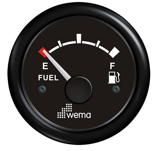WEMA FUEL GAUGE 52MM BLACK PLASTIC BEZEL 12V RANGE E-F 10-180 OHMS DROP RESISTOR INCLUDED