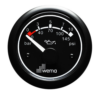 WEMA OIL PRESSURE GAUGE 52MM BLACK PLASTIC BEZEL 12V RANGE 0-10 BAR DROPPING RESISTOR INCLUDED