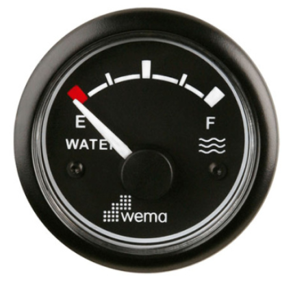 WEMA WATER GAUGE 52MM BLACK PLASTIC BEZEL 12V RANGE E-F 10-180 OHMS DROP RESISTOR INCLUDED