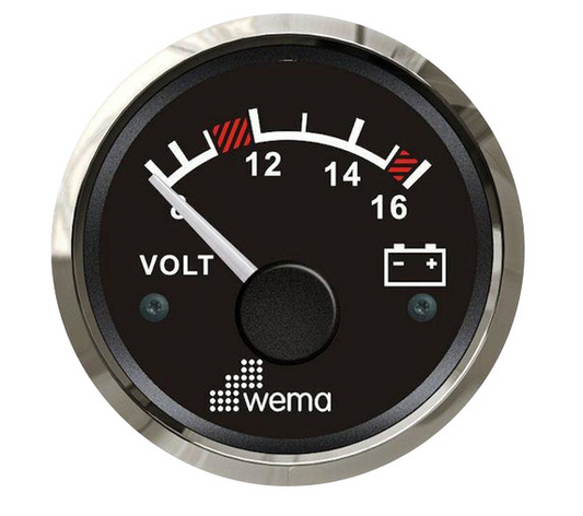 WEMA  VOLTMETER RANGE  8-16   12V  PLASTIC CASE AND STAINLESS STEEL BEZEL  52MM