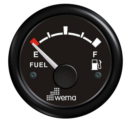 WEMA FUEL GAUGE 52MM  BLACK PLASTIC  BEZEL 12V RANGE  E-F  240-30 OHMS DROP RESISTOR INCLUDED