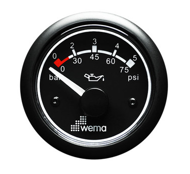 WEMA OIL PRESSURE GAUGE 52MM BLACK PLASTIC BEZEL 12V RANGE 0-5 BAR DROPPING RESISTOR INCLUDED