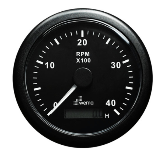 WEMA TACHOURMETER  85MM BLACK PLASTIC BEZEL RANGE 0-4000 RPM 12/24V