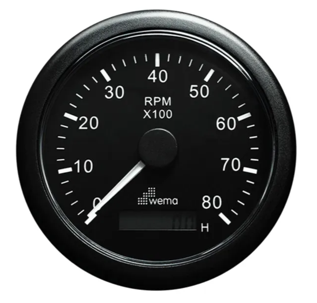 WEMA TACHOURMETER  85MM BLACK PLASTIC BEZEL RANGE 0-8000 RPM 12/24V