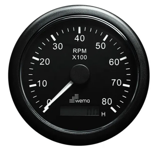 WEMA TACHOURMETER  85MM BLACK PLASTIC BEZEL RANGE 0-8000 RPM 12/24V