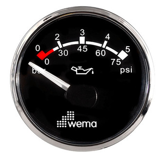 WEMA OIL PRESSURE GAUGE 52MM STAINLESS STEEL BEZEL 12V RANGE 0-5 BAR DROPPING RESISTOR INCLUDED
